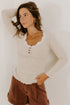 Lace Trim Button Henley Lettuce Edge Ribbed Top